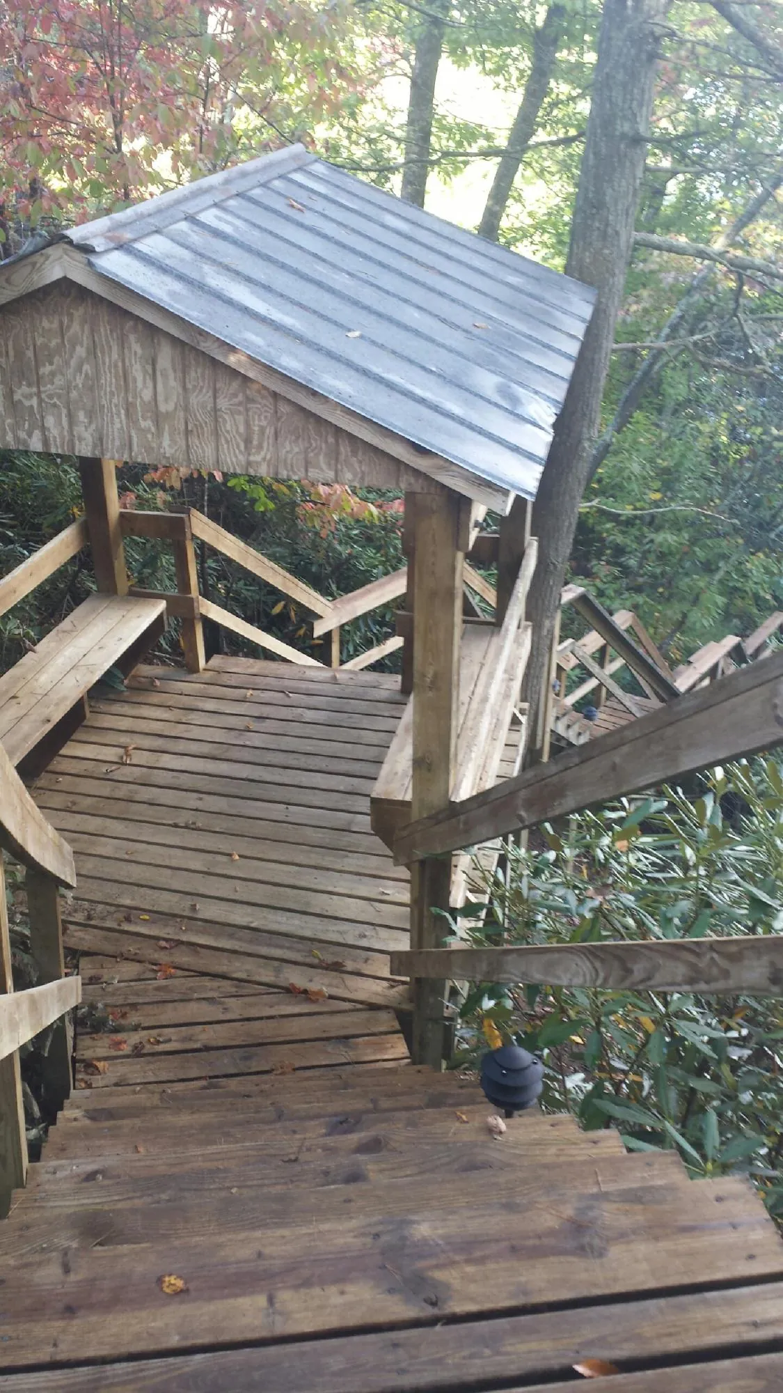 Metal roofed shelter over wooden steps on a wooded walkway — Skylight Repair & Installation work by our crew in Northfork